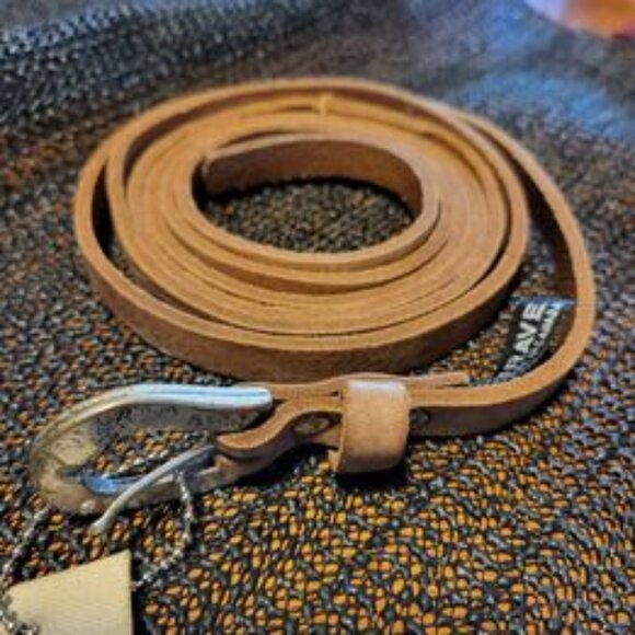 Say yes to big sweater weather! Super cute tan BRAVE Leather Skinny Belt. 32" - Picture 1 of 6